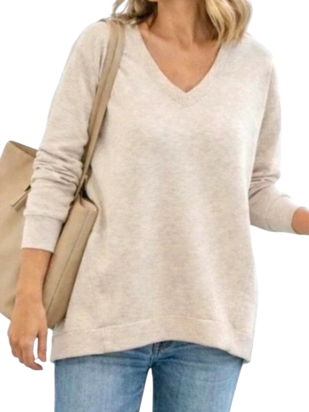 Spanx Air Essentials Brushed V Neck Tunic Sweatshirt Size XL Oatmeal Heather